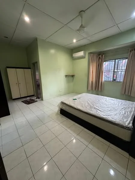 Bedroom features: green painted walls, white tiled flooring, ceiling fan, window with security bars, curtains, built-in wardrobe with cream doors, shelf mounted on wall, queen-size bed with mattress.