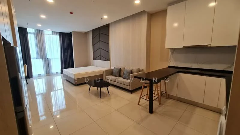 Living features: white painted walls, glossy tile flooring, floor-to-ceiling windows, blackout curtains, sofa with light grey upholstery, coffee table, kitchenette with white cabinetry, black countertop, stool seating at countertop, queen-size bed frame without mattress, recessed downlights; style: modern; view: city.