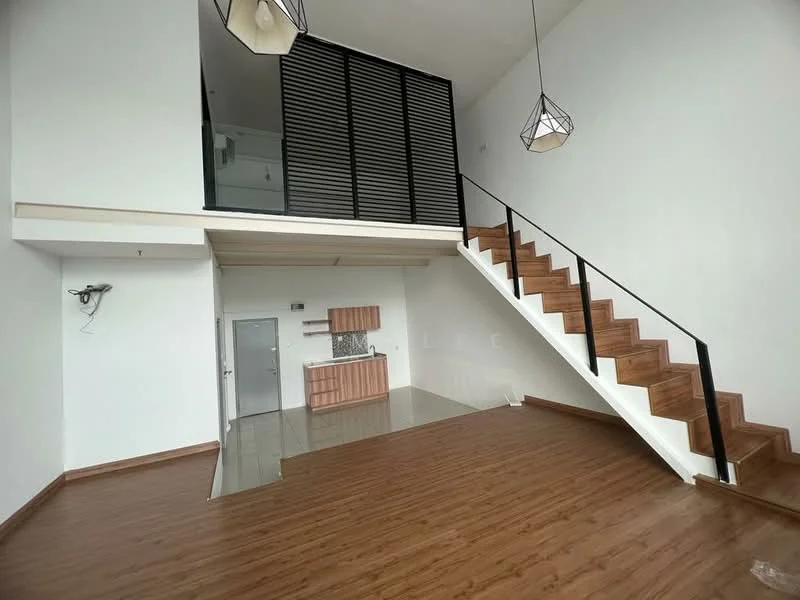 Living features: wood laminate flooring, white painted walls, high ceiling, large windows, hanging pendant lights, open layout, staircase with wooden steps, glass railing, kitchenette area with cabinetry, recessed lighting; style: modern.
