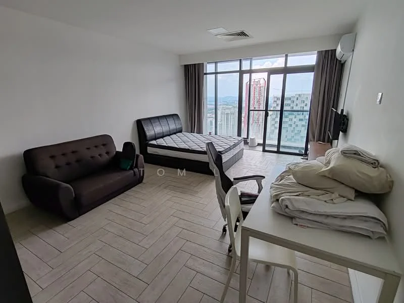 Room features: floor-to-ceiling windows, city view, queen-size bed, upholstered headboard, sofa in dark brown fabric, white desk, air conditioning unit, laminate flooring, neutral painted walls, curtains, bedding on the floor; style: modern; view: city.