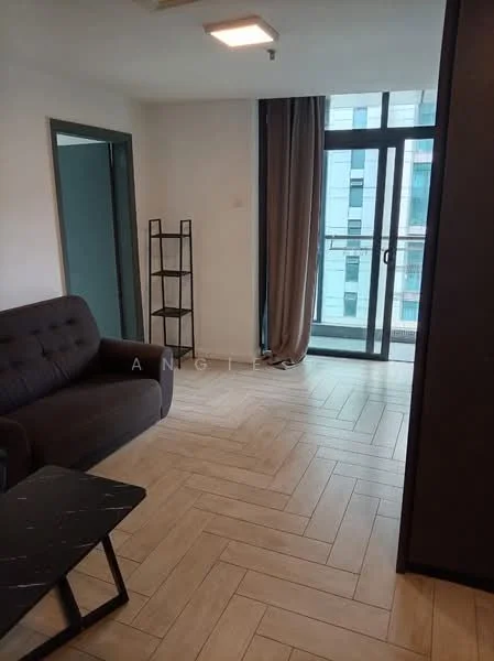 Living features: grey fabric sofa, black coffee table, floor-to-ceiling windows, curtains, wooden flooring with herringbone pattern, wall-mounted light fixture, open layout, shelving unit, neutral wall color; style: modern; view: city.