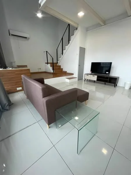 Living features: brown fabric sofa, glass side table, wall-mounted TV, TV console with drawers, white walls, grey curtains, recessed downlights, tile flooring, air conditioning unit, staircase with wooden steps and black railing; style: modern.