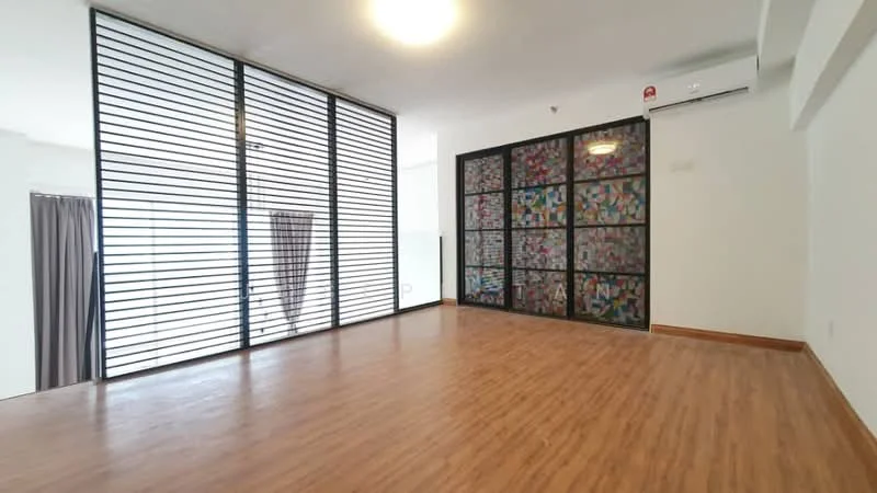Living features: laminate flooring, white painted walls, sliding glass door, floor-to-ceiling windows, black framed partition with colorful glass panels, recessed downlights, 1 wall-mounted split AC, sheer curtains, decorative wall with geometric patterns; style: modern; view: city.