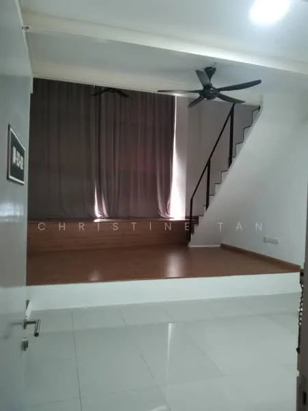 Living features: white painted walls, laminate flooring, 5-blade ceiling fan, large windows with sheer curtains, staircase leading to upper level, wooden platform area, recessed lighting; style: modern.