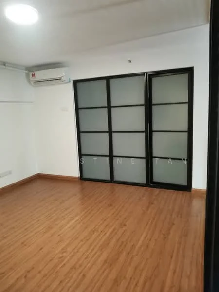 Room features: laminate wood flooring, white painted walls, 1 wall-mounted split AC, sliding glass door with frosted panels, ceiling light, black framed sliding door, baseboards, window with no visible treatment; style: modern.