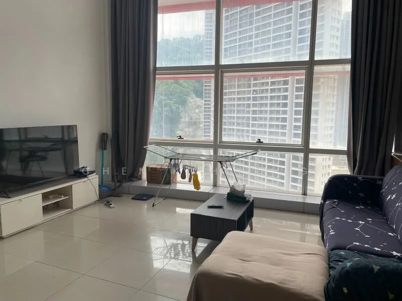 Living features: floor-to-ceiling windows, grey curtains, white walls, polished tile flooring, 3-seater fabric sofa in navy, coffee table, TV console, wall-mounted TV, ironing board, decorative items on table; style: modern; view: city.