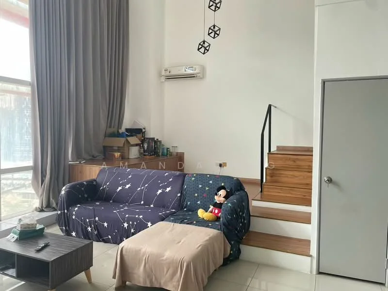 Living features: 3-seater fabric sofa in navy with star pattern, wooden staircase leading to upper level, floor-to-ceiling windows, white walls, tile flooring, wall-mounted split AC, decorative pendant light, coffee table, stuffed toy on sofa, curtains, wooden cabinetry, area rug; style: modern.
