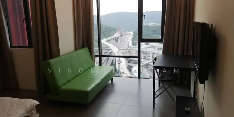 Room features: green sofa bed, floor-to-ceiling windows, curtains, wall-mounted TV, small desk, chair, grey tiled flooring, mountain view; style: modern; view: mountain.