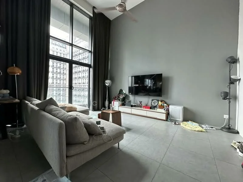 Living features: grey painted walls, floor-to-ceiling windows, sliding glass door, 3-seater fabric sofa in light grey, coffee table, wall-mounted TV, TV console, recessed downlights, ceiling fan, area rug, decorative floor lamp, side lamp, air conditioning unit; style: modern; view: city.