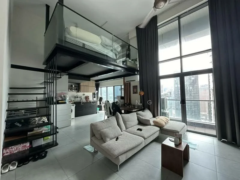 Living features: 3-seater fabric sofa in light grey, coffee table, floor-to-ceiling windows, city skyline view, recessed downlights, ceiling fan, grey curtains, open shelving unit, tile flooring, kitchenette visible in background, stainless-steel fridge, kitchen island with seating; style: modern; view: city. Room features: lofted sleeping area, glass railing, exposed beams.