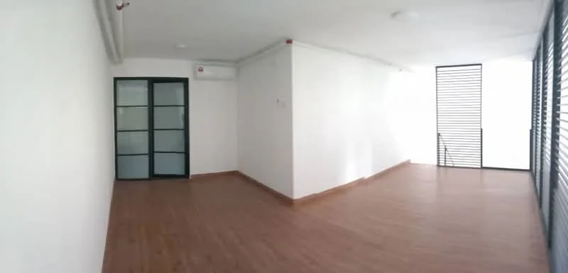 Room features: white painted walls, laminate flooring, floor-to-ceiling windows, sliding glass door, air conditioning unit, light fixture on ceiling, open layout, natural light from windows; style: modern.
