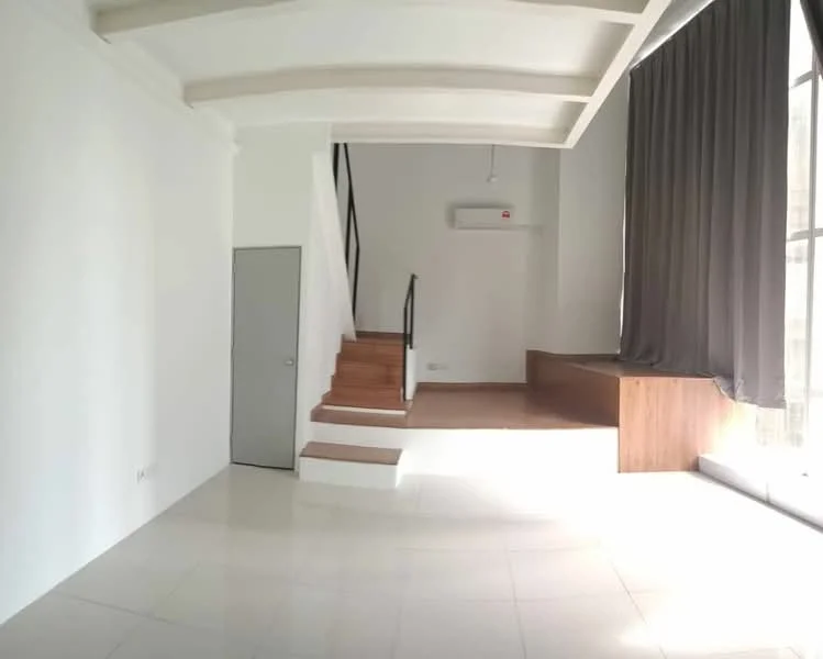 Living features: white painted walls, polished tile flooring, exposed beams on ceiling, large floor-to-ceiling windows, grey curtains, 1 wall-mounted split AC, wooden platform area, staircase with wooden steps; style: modern.