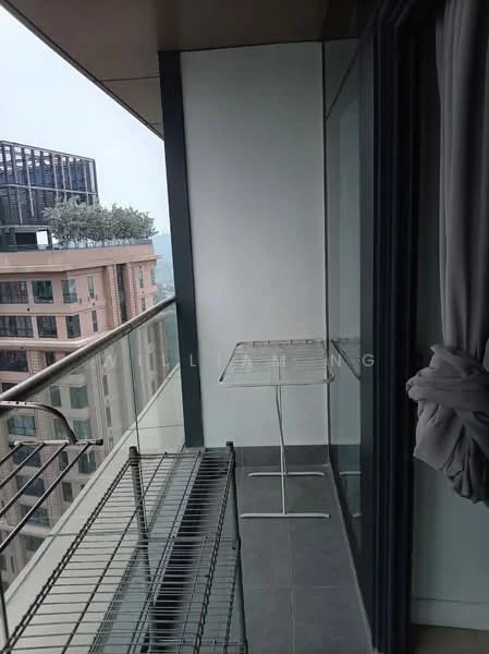 Balcony features: glass railing, grey tiled flooring, metal drying rack, small table, city view, overhang from above; style: modern; view: city.