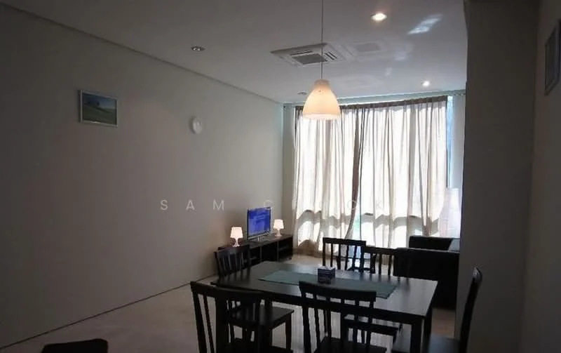 Dining features: dining table with 4 chairs, pendant lamp, floor-to-ceiling windows, sheer curtains, light-coloured walls, marble flooring, wall clock, TV console with TV, small side lamp; style: modern.