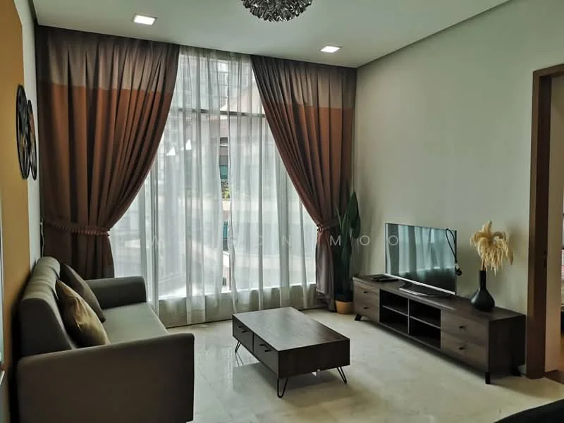Living features: 3-seater fabric sofa in grey, wooden coffee table, TV console, wall-mounted TV, floor-to-ceiling windows, sheer curtains, dark brown curtains, marble flooring, decorative plant in pot, chandelier with multiple bulbs, neutral painted walls; style: modern; view: city.