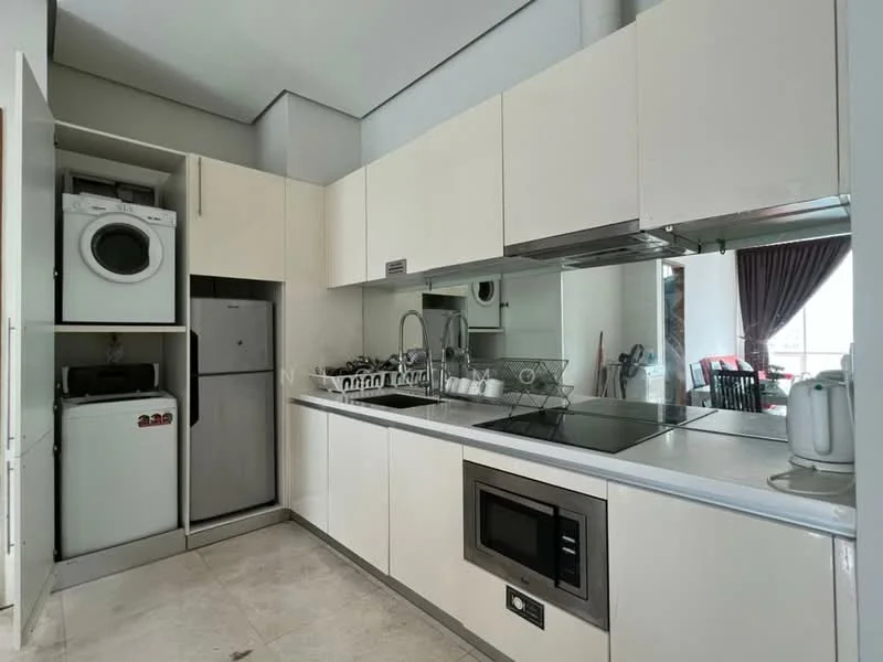 Kitchen features: white cabinetry, stainless-steel sink, chrome pull-down faucet, built-in microwave, freestanding washing machine, fridge, ceramic tile flooring, mirror backsplash, built-in oven, 4-burner gas hob, kettle, dish rack, open shelving; style: modern.