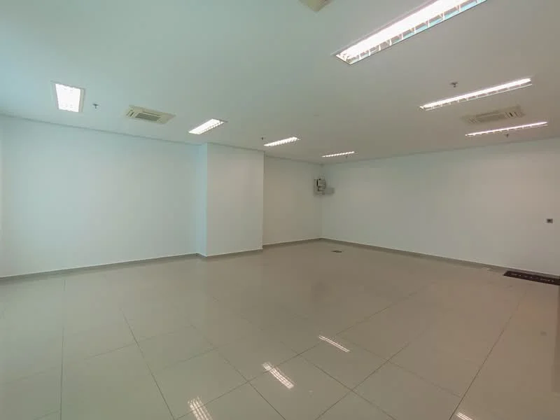 Room features: white painted walls, polished ceramic tile flooring, recessed LED downlights, 2 wall-mounted split ACs, no visible furniture or decor; style: modern.