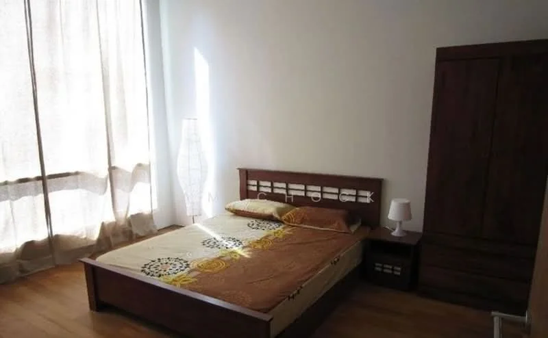 Bedroom features: queen-size bed, wooden bed frame, decorative bedspread with floral pattern, nightstand with drawer, table lamp, wardrobe with sliding doors, large window with sheer curtains, wooden flooring; style: minimalist.