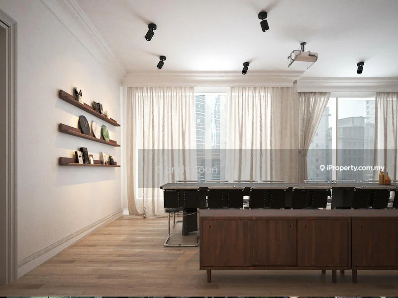 Room features: white painted walls, wooden flooring, recessed downlights, track lighting, floor-to-ceiling windows, sheer curtains, wooden shelves with decorative items, conference table with black chairs, projector mounted on ceiling, decorative wall art, minimalist decor; style: modern; view: city.
