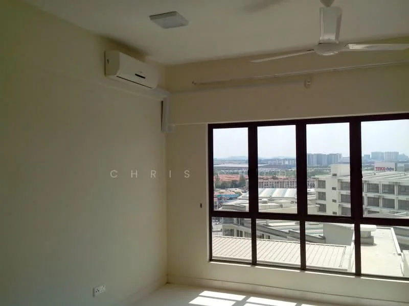 Room features: white painted walls, ceiling fan, 1 wall-mounted split AC, floor-to-ceiling windows, city view; view: city.