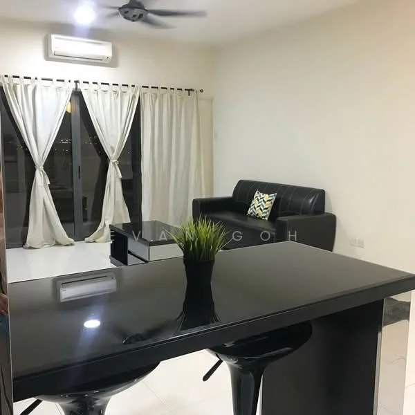 Living features: black leather sofa, coffee table, floor-to-ceiling windows, sheer curtains, 5-blade ceiling fan, white painted walls, tile flooring, decorative plant in pot; style: modern; view: city.