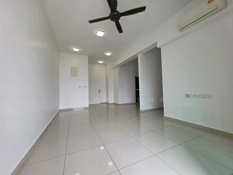 Living features: white painted walls, glossy ceramic tile flooring, 5-blade ceiling fan, recessed LED downlights, wall-mounted split AC, open layout, neutral color scheme, no visible furniture; style: modern.