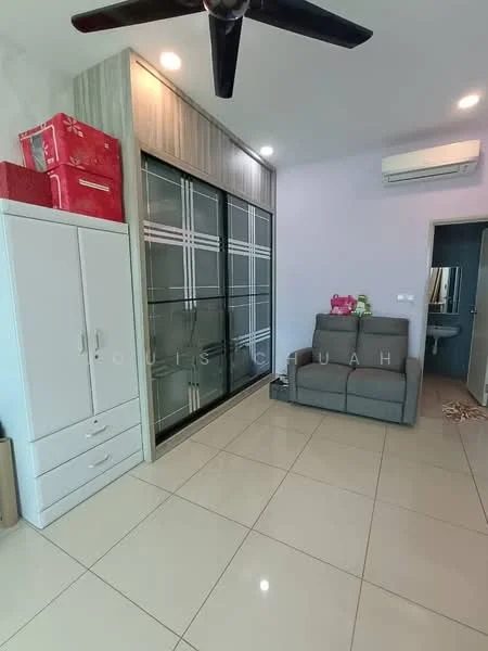Living features: grey fabric sofa, white storage cabinet with drawers, glass-fronted display cabinet, wall-mounted air conditioning unit, recessed ceiling lights, glossy tiled flooring, ceiling fan, decorative wall paneling; style: modern.