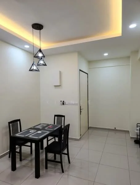 Dining features: black dining table, 4 black dining chairs, pendant lighting with triangular shades, recessed ceiling lights, cream painted walls, glossy tile flooring, door leading to another room, minimalist decor; style: modern.