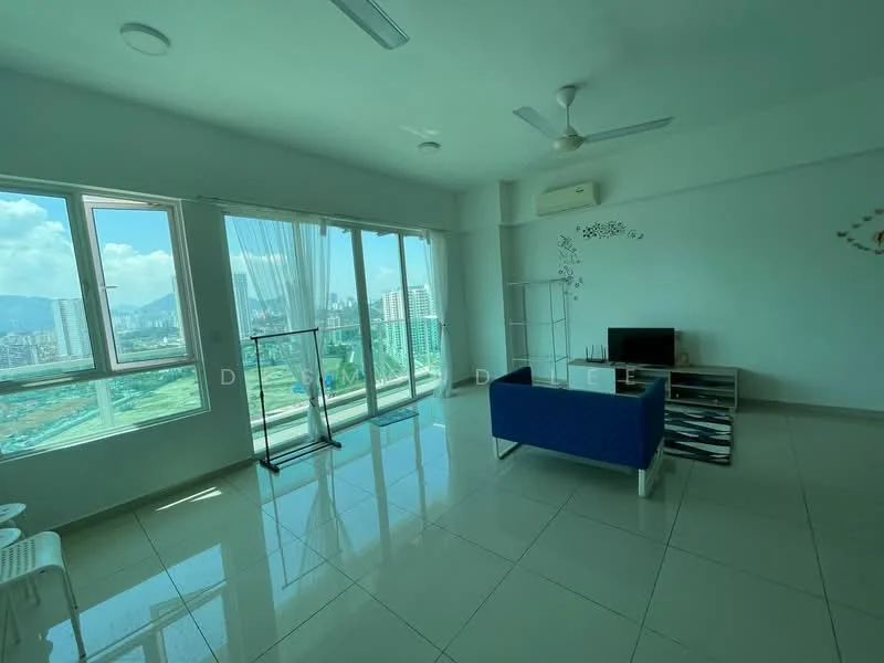 Living features: floor-to-ceiling windows, sliding glass door, white painted walls, polished ceramic tile flooring, 5-blade ceiling fan, sofa in blue fabric, TV console, decorative wall art, city view, natural light; style: modern; view: city.