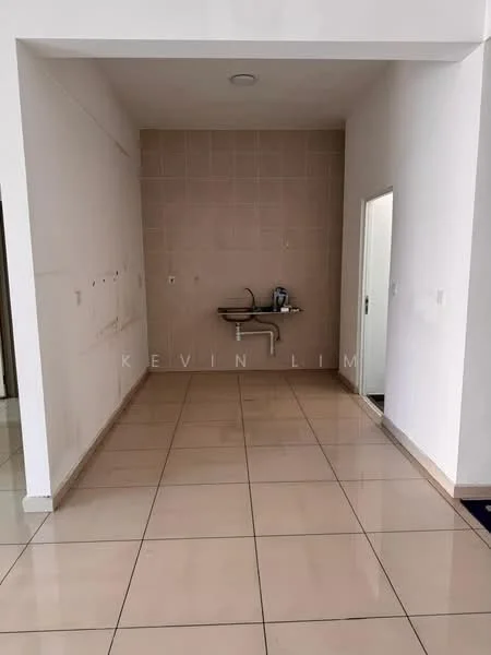 Room features: white painted walls, cream tiled flooring, wall-mounted sink, single faucet, neutral wall tiles, doorway leading to another room; style: modern.