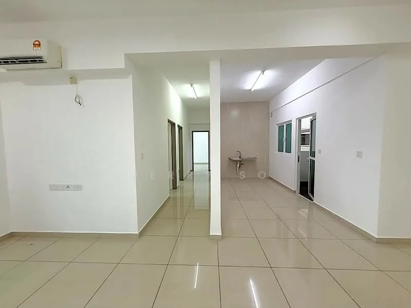 Room features: white painted walls, glossy ceramic tile flooring, recessed LED downlights, 1 wall-mounted split AC, doorway leading to another room, doorway leading to bathroom, windows with green frames, neutral color scheme; style: modern.