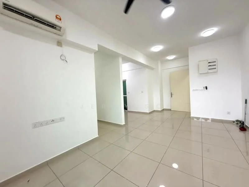 Room features: white painted walls, glossy ceramic tile flooring, recessed downlights, 1 wall-mounted split AC, doorway leading to another room, air vent on wall, neutral color scheme; style: modern.