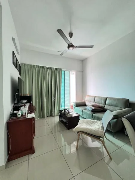 Living features: light grey fabric sofa, 3-seater sofa, coffee table, TV console, wall-mounted TV, 5-blade ceiling fan, white walls, cream curtains, large windows with green view, glossy tile flooring, decorative wall art, side table, armchair; style: modern; view: garden.