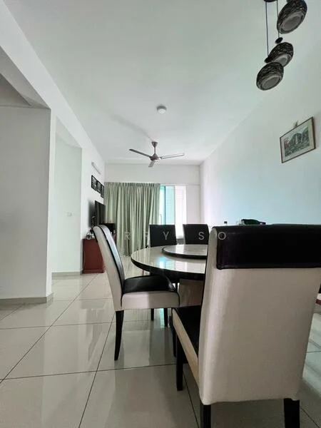 Dining features: round dining table, upholstered dining chairs, ceiling fan, white walls, tile flooring, curtains, wall-mounted TV, decorative artwork; style: modern.
