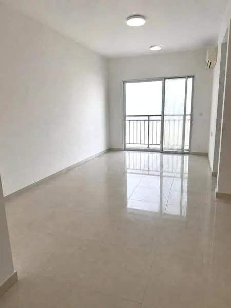 Room features: white painted walls, glossy ceramic tile flooring, recessed downlights, sliding glass door, floor-to-ceiling windows, balcony access, 1 wall-mounted split AC; style: modern.