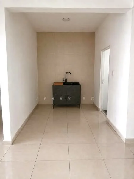 Room features: white painted walls, light beige tiled wall, glossy beige floor tiles, single-bowl stainless-steel sink, black gooseneck faucet, wood countertop, door leading to another room; style: modern.