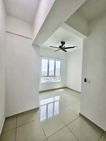 Room features: white painted walls, glossy ceramic tile flooring, 5-blade ceiling fan, floor-to-ceiling windows, natural light from windows, mountain view visible through windows; style: modern; view: mountain.
