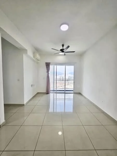 Living features: white painted walls, glossy ceramic tile flooring, 5-blade ceiling fan with light, floor-to-ceiling sliding glass door, sheer curtains, air conditioning unit, natural light from windows, neutral color scheme; style: modern; view: city.