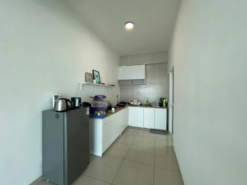 Kitchen features: white cabinetry, grey countertop, stainless-steel fridge, built-in oven, ceramic tile flooring, white painted walls, single-bowl stainless-steel sink, chrome pull-down faucet, open shelving, kettle, toaster, microwave; style: modern.