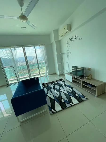Living features: blue fabric sofa, coffee table, wall-mounted TV, TV console, area rug with geometric pattern, floor-to-ceiling windows, sliding glass door, ceiling fan, air conditioning unit, white painted walls, glossy tile flooring, decorative wall art; style: modern; view: city.