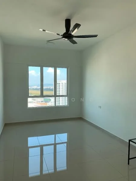 Room features: white painted walls, glossy ceramic tile flooring, 5-blade ceiling fan, floor-to-ceiling windows, natural light from window, view of city skyline, no visible furniture, neutral color scheme; style: modern; view: city.
