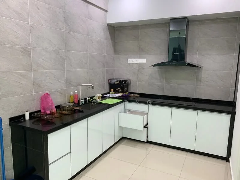 Kitchen features: black granite countertop, white flat-panel cabinets, stainless-steel sink, chrome pull-down faucet, built-in range hood, ceramic tile backsplash, wall-mounted kitchen appliances, tile flooring, grey wall tiles, open shelving, drawer unit; style: modern.