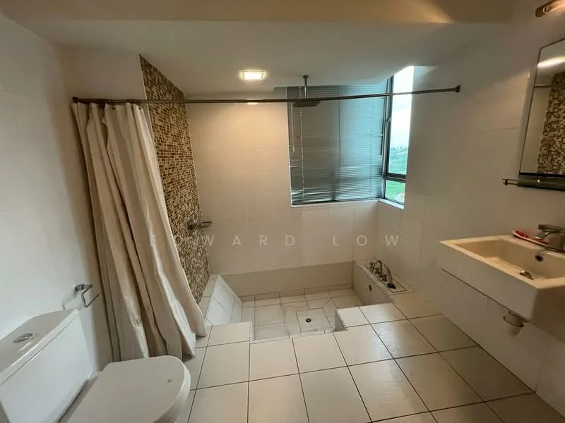 Bathroom features: white tiled walls, grey mosaic accent wall, white ceramic floor tiles, walk-in shower with glass enclosure, chrome shower head, single-sink vanity with white cabinet, mirror above sink, toilet, window with blinds, ceiling light fixture; style: modern; view: city.
