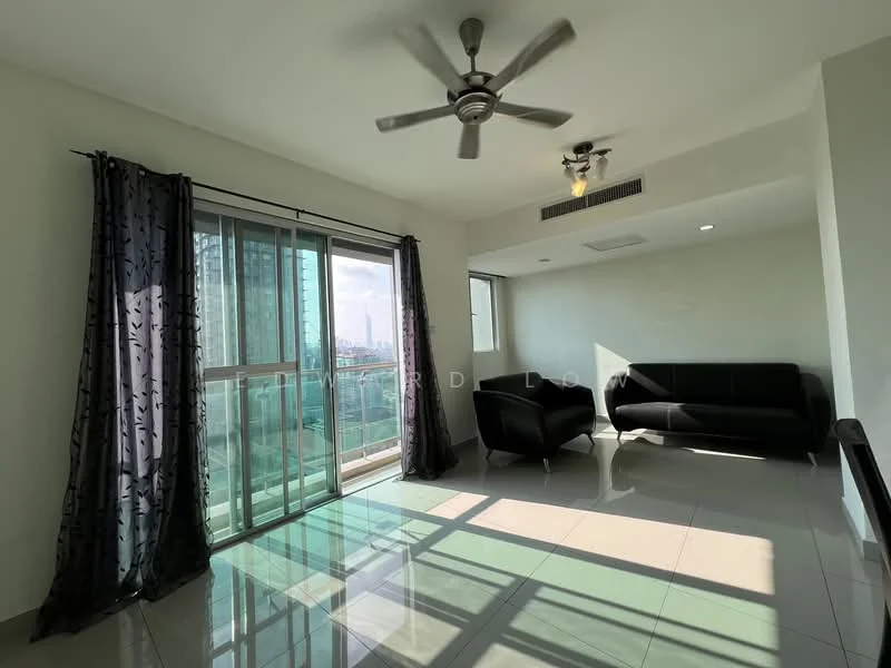Living features: floor-to-ceiling windows, sliding glass door, grey fabric sofa, black armchair, 5-blade ceiling fan with light, white painted walls, glossy ceramic tile flooring, curtains with geometric pattern, recessed downlights; style: modern; view: city.