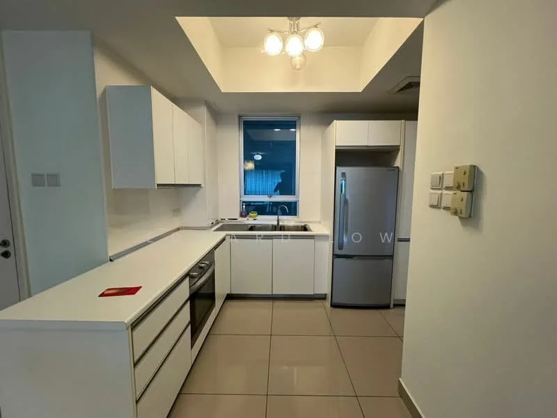 Kitchen features: white cabinetry, stainless-steel refrigerator, stainless-steel dishwasher, stainless-steel sink, chrome pull-down faucet, white quartz countertop, ceramic tile flooring, recessed downlights, window with view, built-in oven, four-burner gas hob, open shelving, pendant lighting; style: modern.