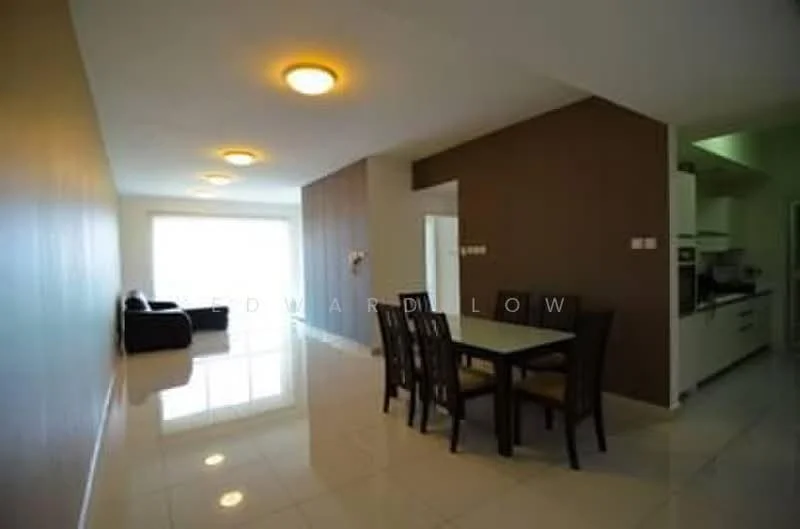 Dining features: 6-seater dining table, black dining chairs, white walls, cream tiled flooring, recessed ceiling lights, open layout to living area, large window with natural light, brown accent wall; style: modern. Living features: 3-seater black sofa, cream tiled flooring, large window with natural light, recessed ceiling lights, open layout to dining area; style: modern. Kitchen features: white cabinetry, black countertops, built-in oven, stainless-steel sink, refrigerator, open layout to dining area; style: modern.