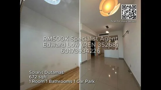 Room features: white painted walls, glossy tile flooring, recessed downlights, ceiling light fixture, open layout, kitchen area visible in background; style: modern.