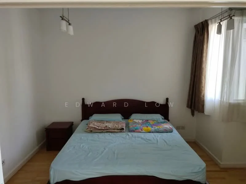 Bedroom features: queen-size bed, wooden bed frame, two pillows, bedspread in light blue, wooden nightstand, curtains in brown, white painted walls, wooden flooring, floor-to-ceiling window, sheer curtains; style: minimalist.