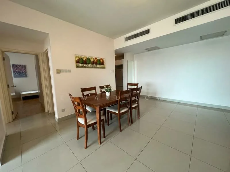 Dining features: 6-seater dining table, wooden dining chairs, white painted walls, tile flooring, recessed ceiling lights, air conditioning vent, open layout, natural light from adjacent room; style: modern. Room features: white painted walls, tile flooring, doorway leading to other rooms.