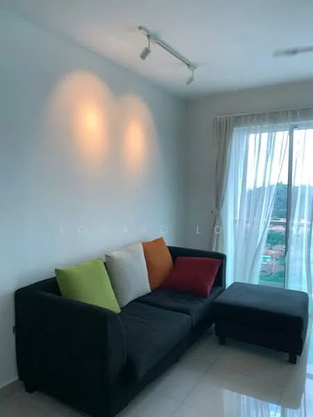Living features: black fabric sofa, 4 cushions in various colors (green, orange, white), white painted walls, glossy tile flooring, floor-to-ceiling windows, sheer curtains, track lighting, view of greenery outside; style: modern; view: garden.